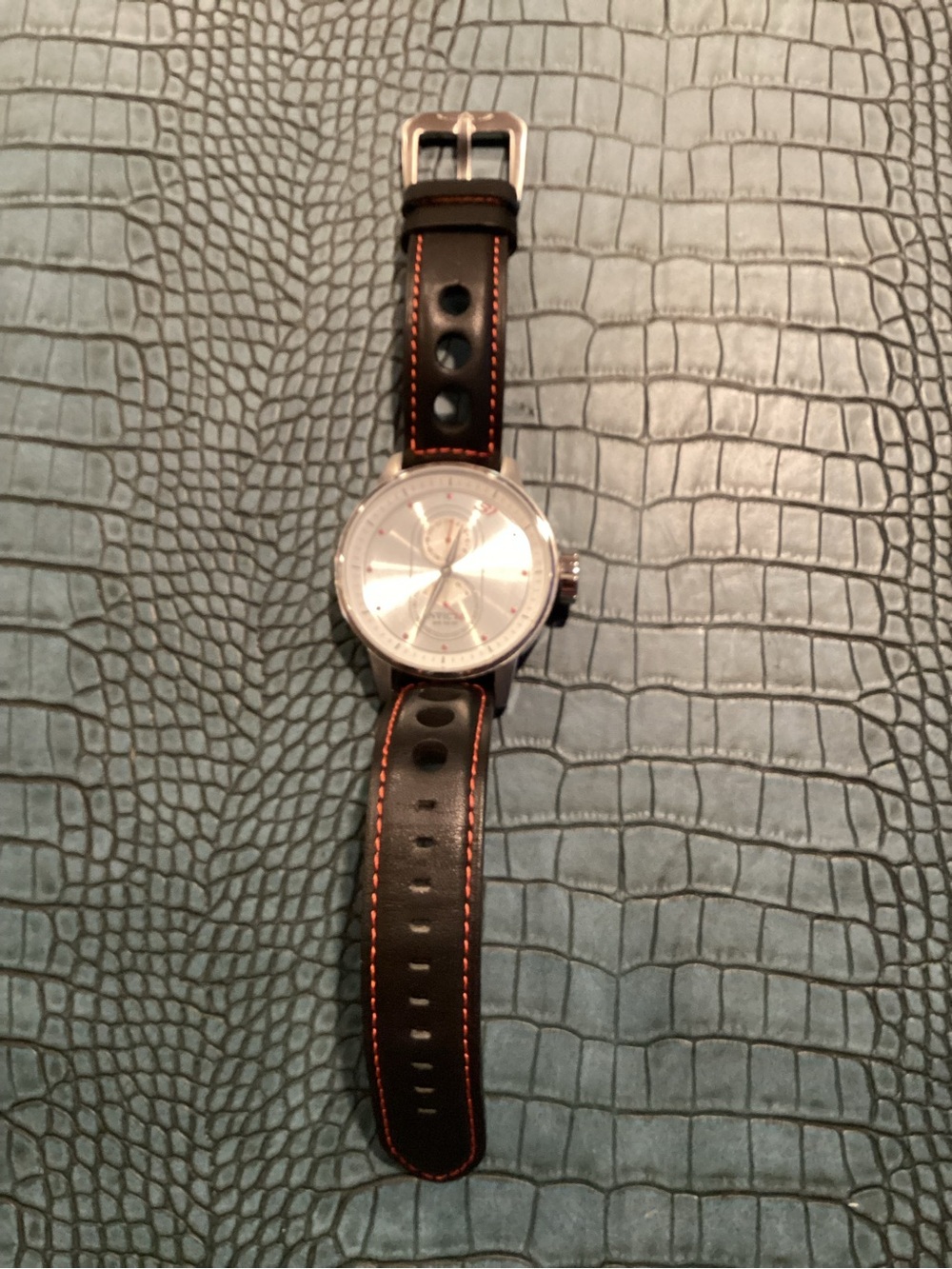 Invicta Black Leather Watch with Orange Stitching and Silver Dial